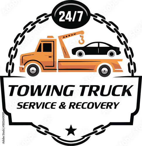 Towing truck service and recovery logo 247 assistance with car on its platform