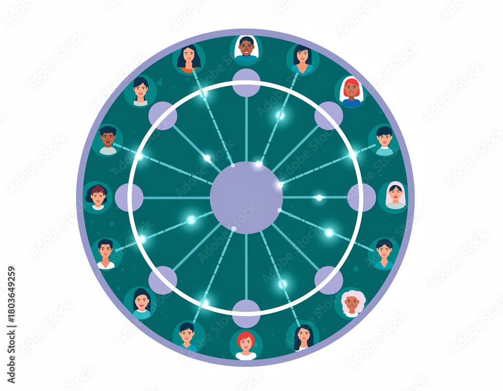 Obraz premium Modern flat-style illustration of a circular network diagram with diverse avatars (men and women of various ethnicities and ages) connected by glowing lines to a central hub. Represents social network