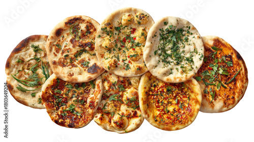 Variety of Indian naan flatbreads with herbs and spices