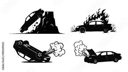Vector illustration of car accident and damage icons isolated on transparent background 