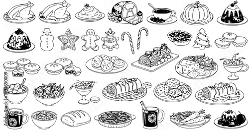 Festive Feast: Hand-Drawn Christmas Food Icons - Holiday Illustration