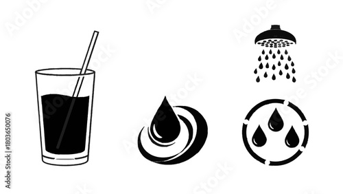 Vector illustration of set of icons representing water, drink, and shower isolated on transparent background 