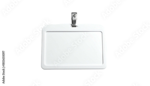 Isolated white plastic ID badge holder with metal clip detail