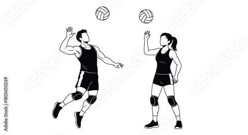 Volleyball players spiking and setting graphic vector illustration