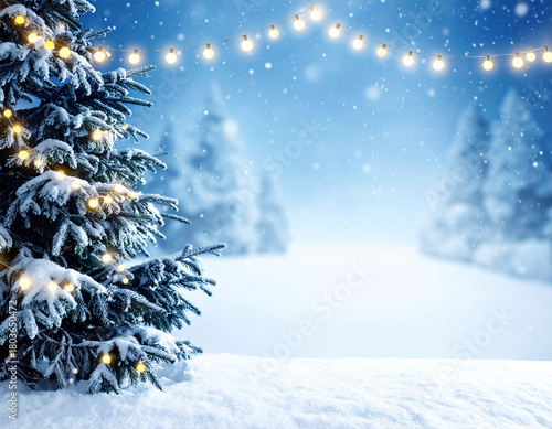 Serene Christmas night blankets snow covered forest path creating magical winter wonderland. Glowing string lights illuminate festive pine tree evoking feelings of joy and peaceful celebration