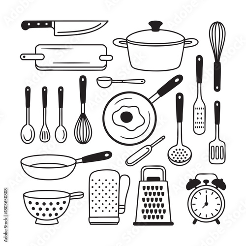 Black and white line art illustration of kitchen utensils and cooking equipment vector