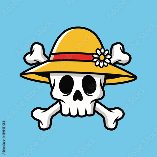 Pirate Skull and Crossbones with Straw Hat and Flower - Emblematic Nautical Icon