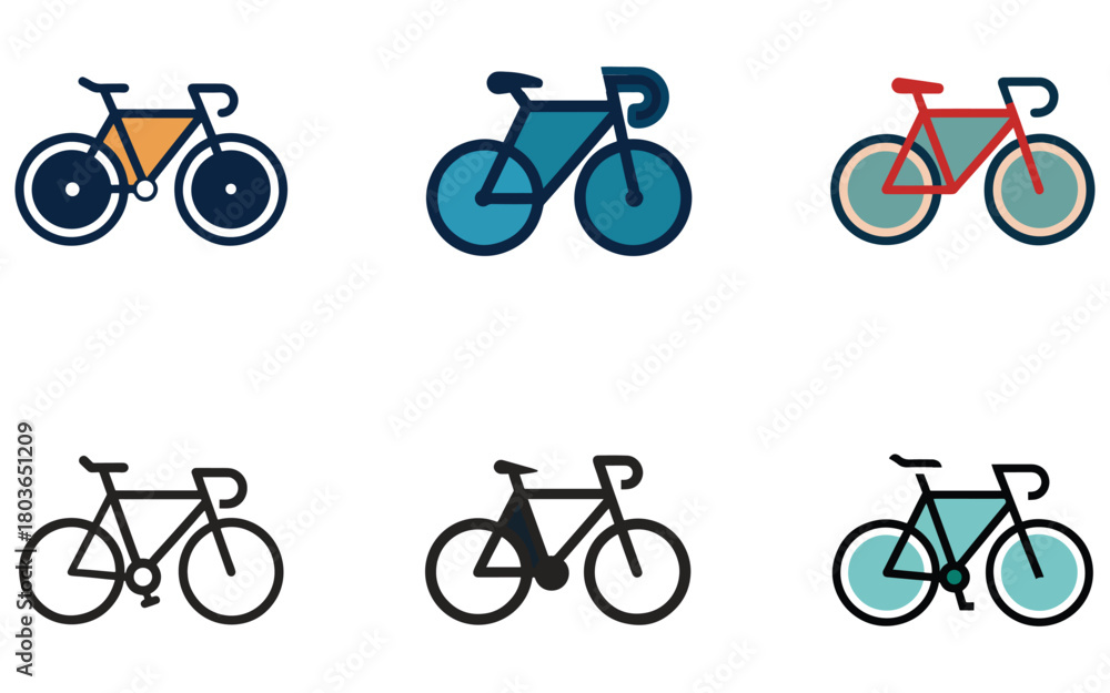 Fototapeta premium Colorful Bicycle Icons Set for Transportation and Healthy Lifestyle Concepts Various Cycling Designs for Web and Print Media