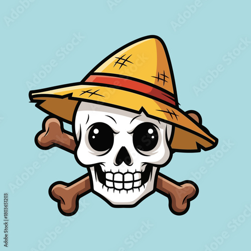 A stylized cartoon illustration of a straw hat skull with crossed bones, perfect for pirate themes or Halloween