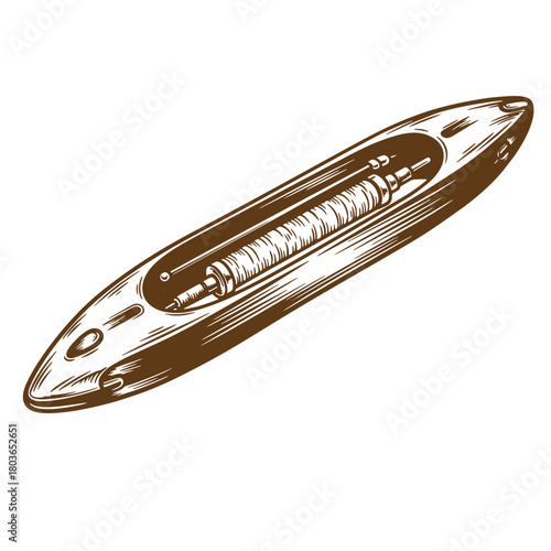 Detailed vintage sketch illustration of a shuttle used in the weaving process on white background