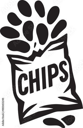 Snack Attack: A black and white graphic illustration shows an open bag overflowing with chips, inviting viewers to indulge in the simple pleasure of a crunchy snack. 