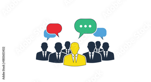 Team discussion with speech bubbles focused on the main subject.