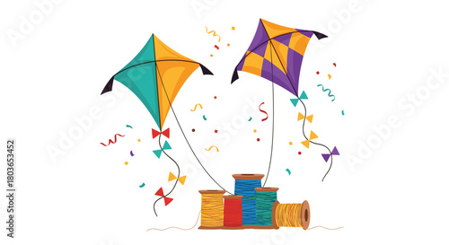 Colorful kites soaring high with spools of thread and ribbons.