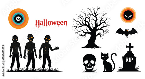 Halloween themed spooky silhouettes and decorations on white background.