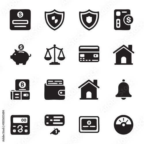 Collection of black finance and business icons on white background money banking