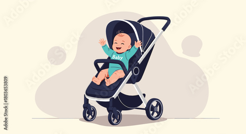 Happy baby enjoying a ride in a comfortable stroller smiling and cheerful.