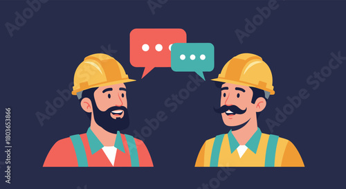 Construction workers discussing project details with speech bubbles.