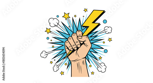 Comic book style fist holding lightning bolt with energy.