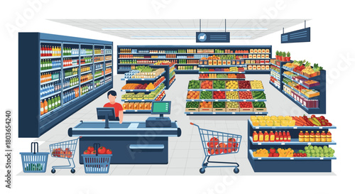 Grocery store interior with shelves and shopping carts.