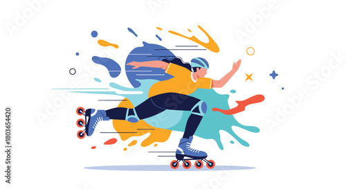 Energetic Rollerblader Speeding Through Colorful Splashes.