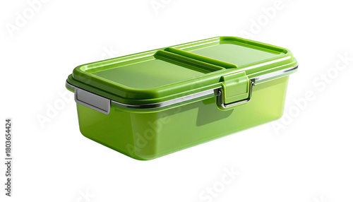 Green plastic lunchbox with latch, isolated against black