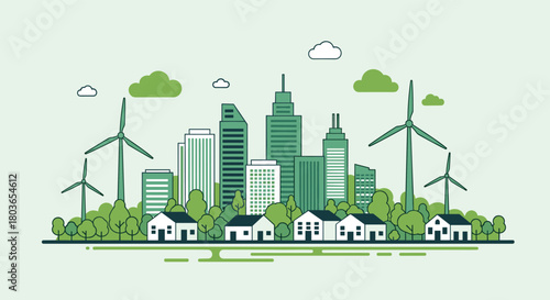 Sustainable Cityscape: Green Energy and Eco-Friendly Urban Development.