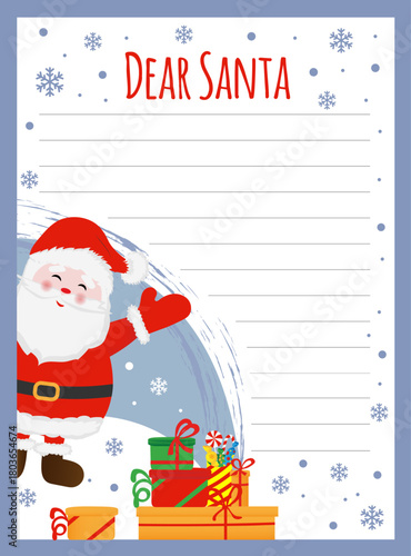 New Year letter to Santa Claus, wish list.  Cute Santa Claus with gifts. Holiday new year decoration template.