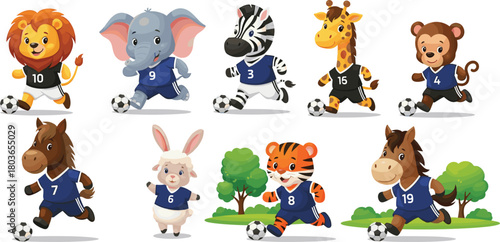 Anthropomorphic animals playing soccer in blue jerseys on grassy field including lion, elephant, zebra, giraffe, monkey, rabbit, horse