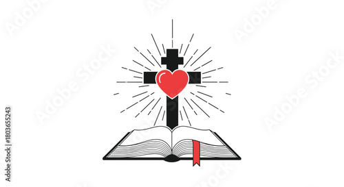 Christian cross with heart and open book symbol of faith.