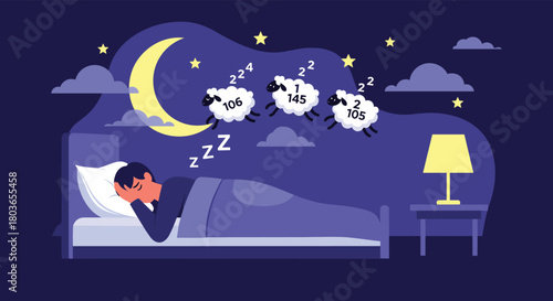 Man sleeping in bed counting sheep under the night sky.