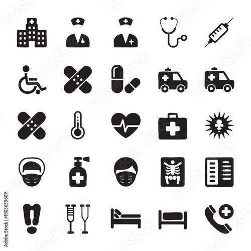 Collection of black medical and healthcare icons on white background medical icons hospital 1