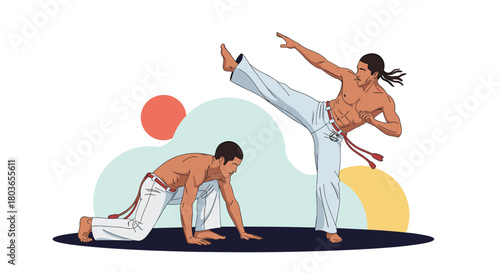 Capoeira Fighters in Action: Dynamic Martial Arts Display.