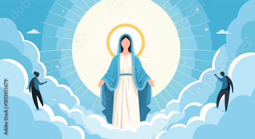 Divine Mother Mary Surrounded by Heavenly Light and Clouds.