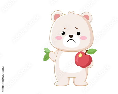 Cute bear character holding an apple, cartoon style.