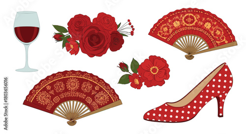Spanish culture elements: fans flowers shoes and wine.