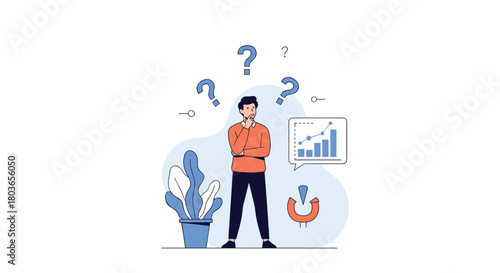 Man contemplating business decisions with charts and questions.