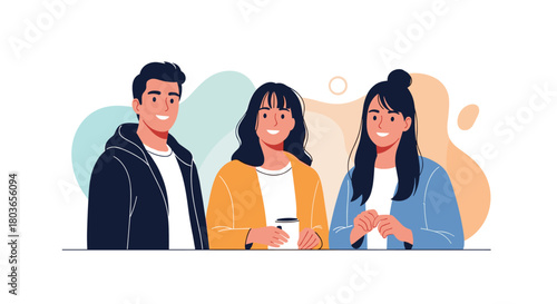 Three diverse individuals smiling and looking directly at the viewer.