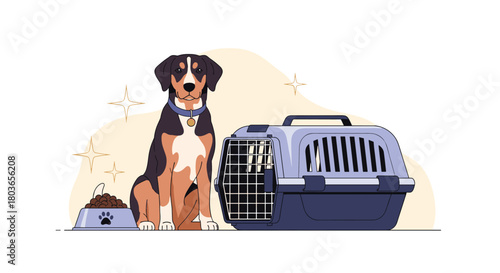 Dog sitting next to carrier and food bowl.