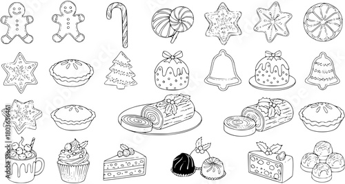 Festive Treats Line Art: Cookies, Cakes, Candies  More for Holiday Designs