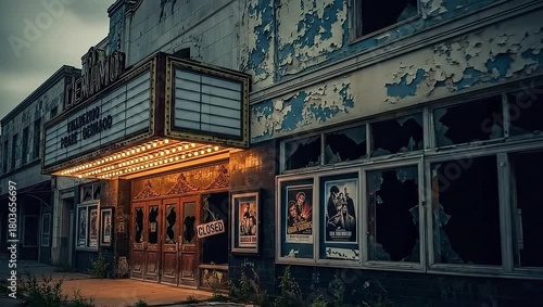 Abandoned Cinema Theater Exterior with Marquee and Posters.