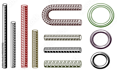 Steel Rebar and Construction Reinforcement Bar Vector Set, Engraved Industrial Metal Rods, Engineering, Building, and Architecture Graphic Elements