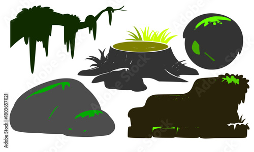 Dark Swamp Game Asset Vector Set, Mossy Tree Stump, Rock, and Root Silhouettes, Fantasy Jungle Environment Graphic Elements