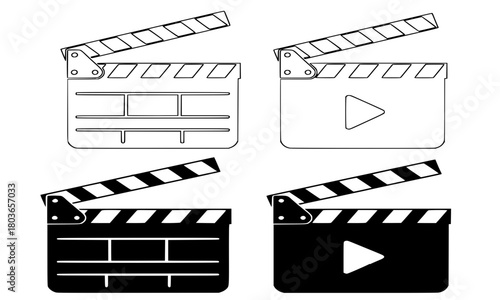 Movie Clapper Board Vector Icon Set, Film Slate Outline and Silhouette Graphics, Video Production, Cinema, and Entertainment Design Elements