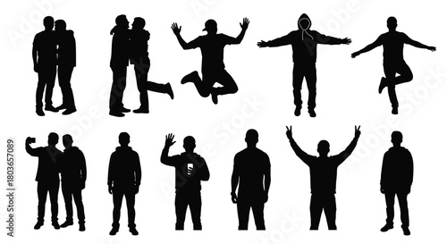 Silhouette people vector illustration group poses actions black white