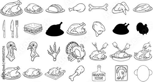 Detailed Set of Turkey  Chicken Illustrations: Roasted Birds, Poultry Parts, Heads, Feet, Carving Silhouettes  Culinary Icons for Thanksgiving Dinner  Farm Themes
