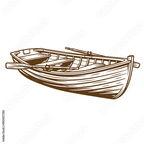 Hand drawn illustration of a vintage wooden rowboat with oars ready for paddling on water