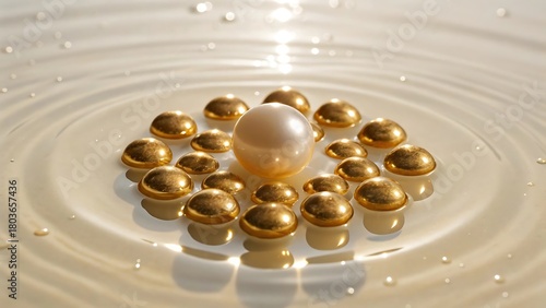 a still life composition depicts golden and pearly spheres floating on a water surface creating concentric ripple patterns and a soft glow