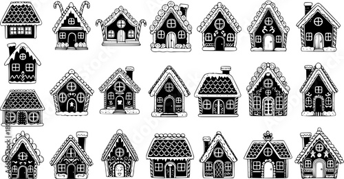 Black and White Hand-Drawn Gingerbread Houses Collection. Festive Christmas and Holiday Season Illustrations for Winter Decorations, Cards, and Design Elements.