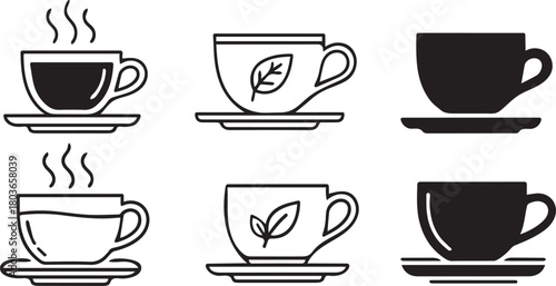 Collection of six minimalist tea and coffee cup icons on a clean background