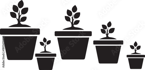 Potted plant growth stages icon set, decreasing size sequence